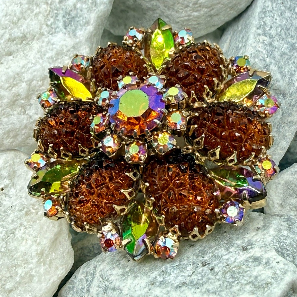 Vintage Juliana Style Crackle Glass AB Rhinestone Flower Brooch D&E Look